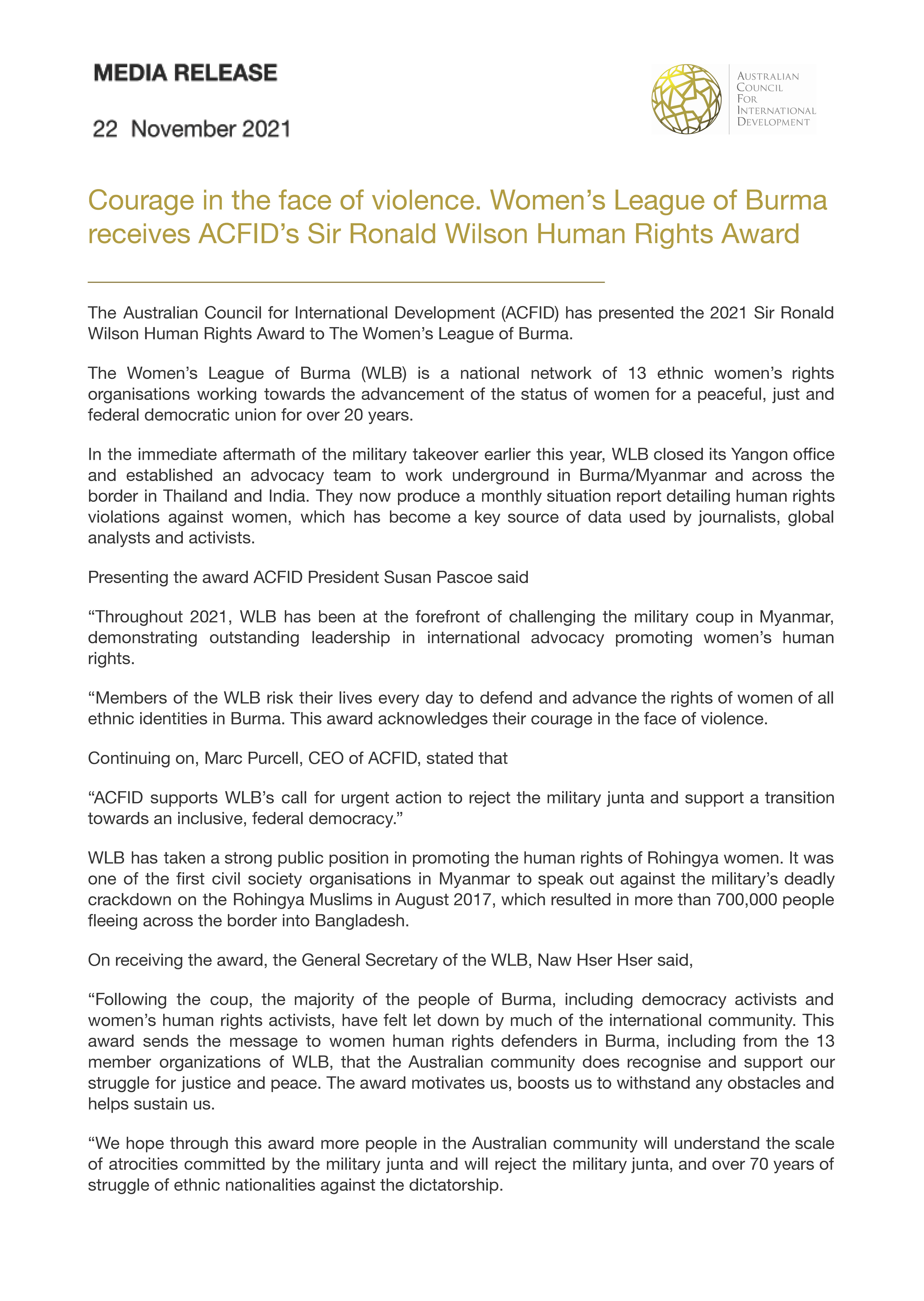 Courage in the face of violence. Women's League of Burma receives ACFID's Sir Ronald Wilson Human Rights Award 